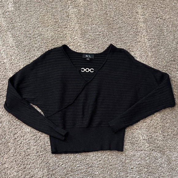 BCX Sweaters - BCX Black Ribbed V-Neck Wrap Detail Sweater